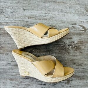 Michael Kors Espadrille Wedge Sandals Beige Slip On Strappy Logo Women US 8 Boho